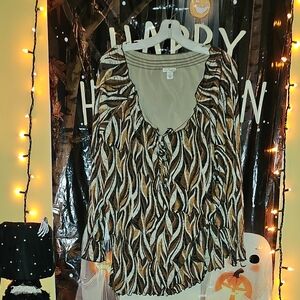 Vintage Bechamel Abstract Pattern Blouse in Black & Tan W/bow And Rouched Sleeve
